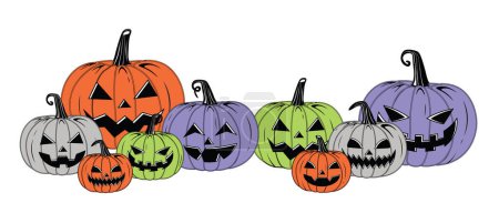 Téléchargez les illustrations : Ensemble de citrouilles d'Halloween souriantes effrayantes colorées vectorielles isolées sur fond blanc Citrouilles colorées de style vintage - en licence libre de droit