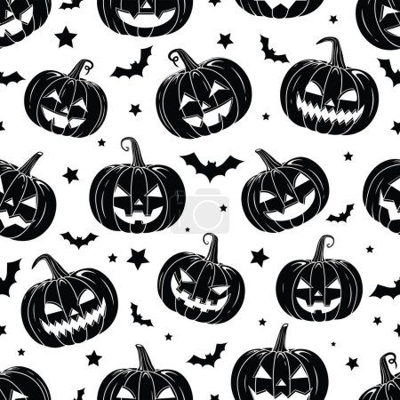 Illustration for Vector Orange Scary Smiling Halloween pumpkins, Seamless Pattern Repeatable Creepy Pumpkins Backdrop for Halloween Holiday repeatable - Royalty Free Image