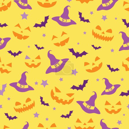 Vector seamless pattern of emotions of pumpkins, witch hats, bats and stars silhouette texture on a black background, repeatable wallpaper 