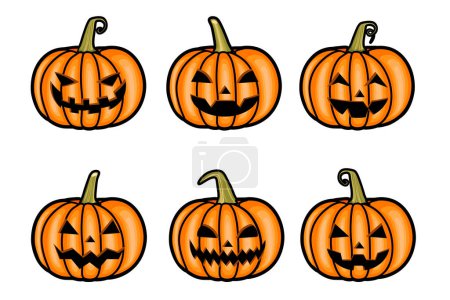 Illustration for Vector Colored Scary Smiling Halloween Pumpkins Set Isolated on white background Colorful Vintage Style Pumpkins - Royalty Free Image
