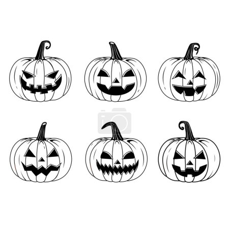 Téléchargez les illustrations : Vecteur contour Style effrayant sourire Halloween Pumpkins Set Collection isolé sur fond blanc citrouilles noires et blanches - en licence libre de droit