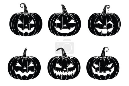 Illustration for Vector Outline Style Scary Smiling Halloween Pumpkins Set Collection Isolated on White Backdrop Black and White pumpkins - Royalty Free Image