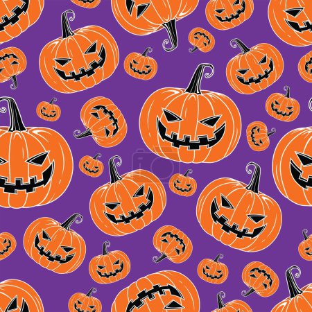 Téléchargez les illustrations : Vector Orange effrayant sourire citrouilles Halloween, Modèle sans couture répétable Creepy Pumpkins toile de fond pour Halloween vacances répétable - en licence libre de droit