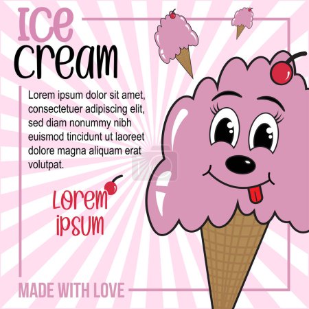 Vector Cute Cartoon Style Ice Cream Card Template Design mit gestreiftem Hintergrund Kirschgeschmack Eis in einem Waffelkornett mit Kirsche oben.