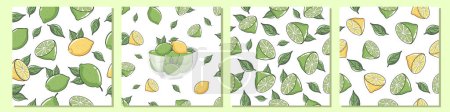 Vector big set of lemons seamless pattern Fresh lime and lemons with leaves in a glass bowl. Citrus fruits.