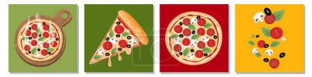Ilustración de Pizza con tomate, hojas de albahaca, aceitunas negras, setas y mozzarella - Imagen libre de derechos