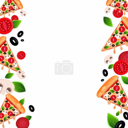 Trozos de pizza vegetariana caliente e ingredientes patrón sin costuras. Comida italiana. Pizza con tomate, hojas de albahaca, aceitunas negras, setas y queso mozzarella. 
