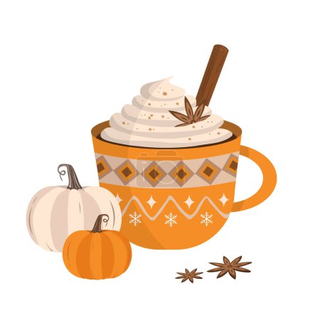 Ilustración de Taza de café con sabor a calabaza de estilo plano vectorial, barra de canela, taza decorativa de vainilla con decoraciones de calabazas naranjas y blancas - Imagen libre de derechos