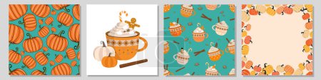 Illustration for Vector Flat Autumn Set. Pumpkins seamless patterns, frame template and design element. Printable repeatable texture design. Fall Season, Halloween and Thanksgiving and Pumpkins Concept Creative Designs. - Royalty Free Image