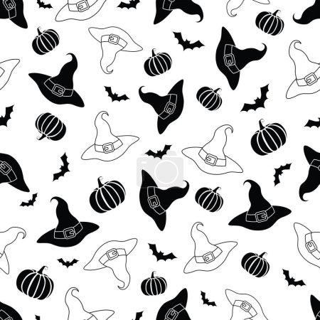 Illustration for Vector seamless pattern of pumpkins, witch hats and bats silhouette texture isolated on a white background, repeatable wallpaper on orange color background Scary repeatable halloween texture - Royalty Free Image