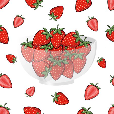 Illustration for Strawberries falling in a glass bowl vector seamless pattern. Fresh Strawberries in a Bowl. Red Strawberries Isolated on White Organic Berries - Royalty Free Image