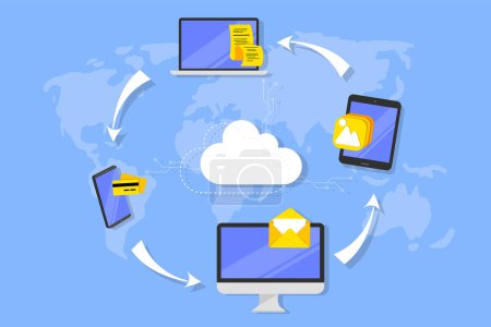 Illustration for Vector Computing and Data Cloud Technology Concept Design Background. Digital devices icon illustrations. Electronic devices and e-commerce concept icons. - Royalty Free Image