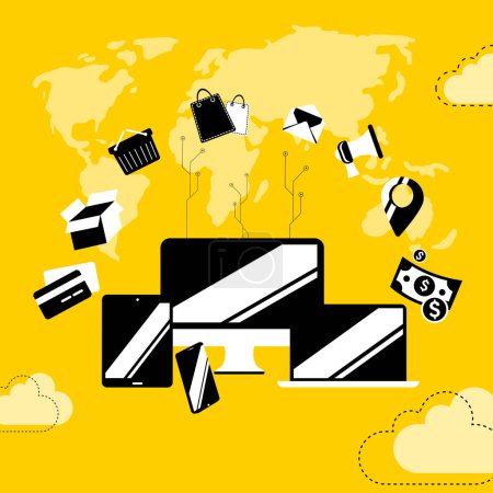 Black and White Computing Concept Design on Yellow Background. Data cloud and computing icon illustrations. Digital devices and e-commerce concept