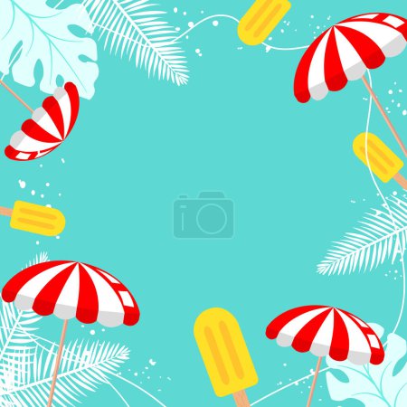 Vector beach umbrellas and ice cream decorative frame template on blue background. Web layout banners design. Poster signboard, greeting card.