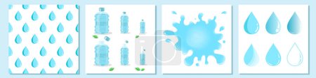 Illustration for Big set of water design elements. Water containers with different sizes. Water Splash water ripples and drops design elements Clean Fresh Beverage Nature - Royalty Free Image