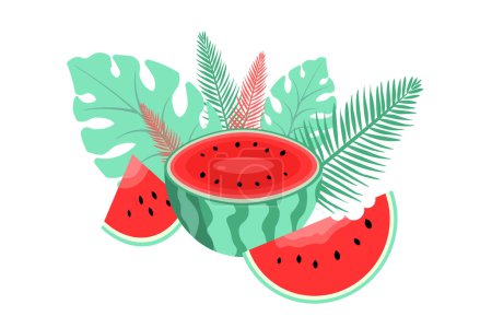 Flacher Stil dekorative Sommer-Design-Element. Flache Wassermelonenscheiben und frische tropische Palmenblätter, isoliert auf weißem Hintergrund. Sommerschlussverkauf