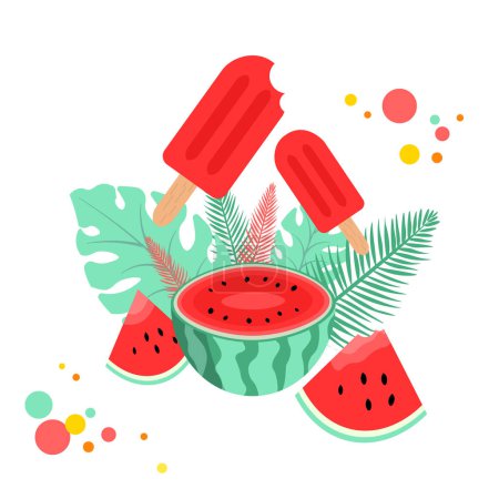 Flacher Stil dekorative Sommer-Design-Element. Flache Wassermelonenscheiben und frische tropische Palmenblätter, Lutscher-Eis mit Biss. Sommerschlussverkauf 