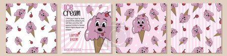 Vector Big Set von Cute Cartoon Style Ice Cream Nahtlose Muster und Kartenvorlagen Design Kirschgeschmack Eis in einem Waffelkornett mit Kirsche