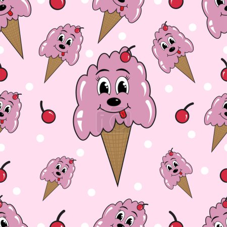 Illustration for Vector Cute Cartoon Style Ice Cream Seamless Pattern. Vector Repeatable Texture Design on Striped Background. Cherry Flavored ice cream - Royalty Free Image