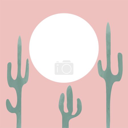 Illustration for Drawing of three green cacti and white sun made on a red pastel background. Vector Illustration. - Royalty Free Image