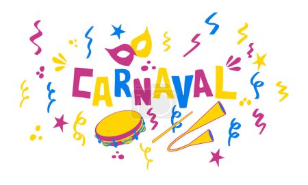 Illustration for Carnival with mask, agog? and tambourine. Banner for holiday celebration and invitation for Brazilian carnival party. Vector illustration isolated on white background. - Royalty Free Image