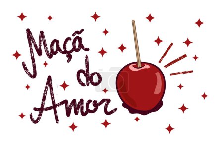  Love Apples sind Süßigkeiten aus Äpfeln, die mit Stöcken aufgespießt und in zuckerhaltigen Sirup getaucht werden. Schriftzug auf Portugiesisch schreiben. Illustration isoliert auf weißem Hintergrund.