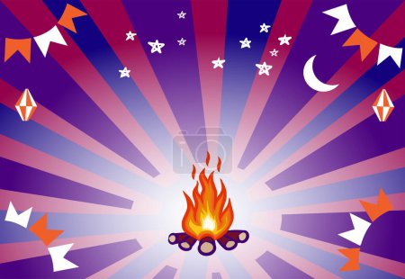 Saint John bonfire and party flags and balloons on blue, purple and pink rays background. Vector illustration for cards and banners.