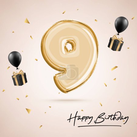 Celebración de un aniversario de nueve años. Cumpleaños número 9 globo negro. Cartel de cumpleaños, felicitaciones. Números de oro con brillantes confeti de oro. Renderizado 3D