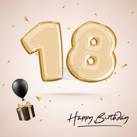 Dieciocho años de celebración del aniversario, número de cumpleaños 18, globo negro, cartel de cumpleaños, felicitaciones, números de oro con confeti de oro brillante. Renderizado 3D