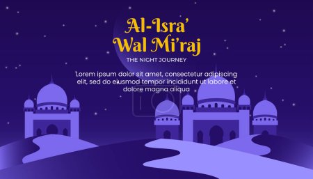 Ilustración de Isra Mi'raj The Night Journey Prophet Muhammad.illustration of desert night scene with crescent moon light and mosque. Islamic Background. - Imagen libre de derechos