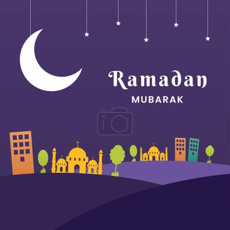 Ramadan Mubarak Banner Template. Flat illustration at night with moon, stars, mosque, buildings and trees. Vector Illustration.