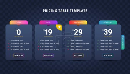 Illustration for Set of tariffs for business product package. Price list table comparison infographic - Royalty Free Image