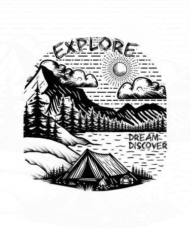 Explorer Rêve Découvrir Camping line art t shirt design illustration
