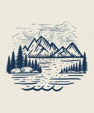 Aventura salvaje línea de montaña arte camiseta diseño ilustración