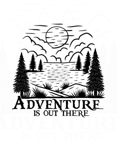 Téléchargez les illustrations : Aventure est là-bas lac ligne art t-shirt design - en licence libre de droit