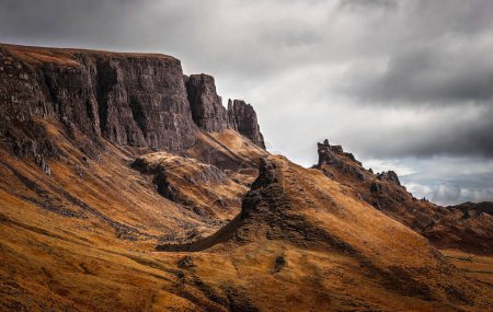 Isle of Skye, Scotland - Dark clouds over the Quiraing on a cloudy spring day at the Scottish Highlands, UK