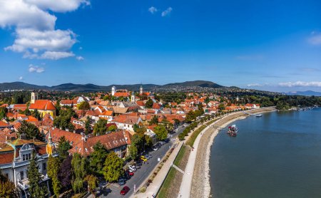 Photo for Szentendre, Hungary - Aerial panoramic view Szentendre on a sunny summer day with Danube riverside, Saint Peter and Paul Church with Saint John the Baptist's Parish Church, Blagovestenska Church - Royalty Free Image