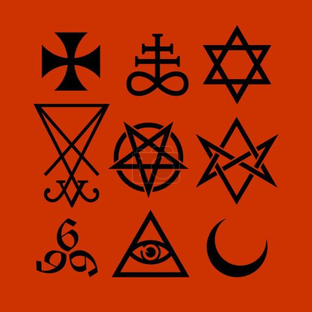 Illustration for Satanic Symbols, Medieval Occultism, Magic Stamps, Sigils, Keys, Mystical Symbols Knots, Devil's Cross. Sigil Lucifer Baphomet vector - Royalty Free Image