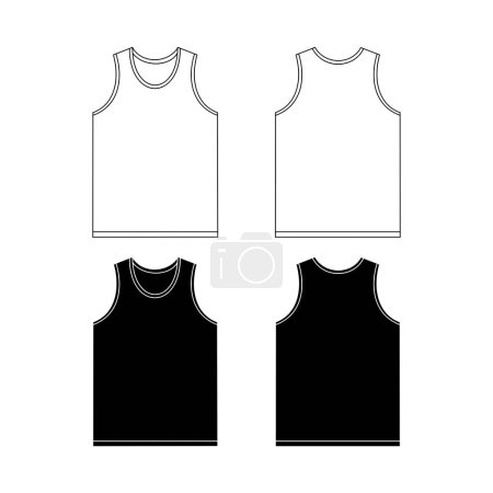 Ilustración vectorial de la camiseta deportiva delantera y trasera. Plantilla camiseta sin mangas con cuello redondo. Bosquejo de un maillot deportivo en blanco, colores negros.