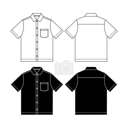 Ilustración de Camisa de trabajo de manga corta con bolsillo plano, manga enrollable y cuello de camisa. Dibujo plano digital atrás y adelante. Para formas de color, techpack y CAD. - Imagen libre de derechos