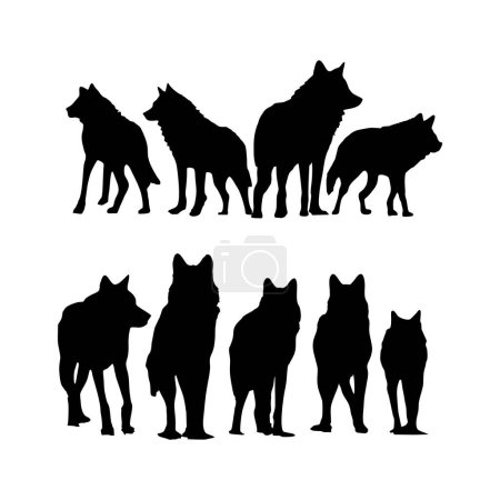 Téléchargez les illustrations : Silhouette de meute de loups isolée sur un animal sauvage blanc, logo avec loup, image vectorielle - en licence libre de droit