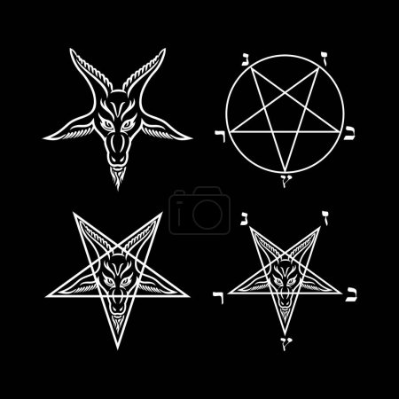 Téléchargez les photos : Pentagramme Symboles sataniques Occultisme médiéval Timbres magiques Sigles Clés Symboles mystiques Noeuds Croix du diable Sigle Lucifer Baphomet vecteur - en image libre de droit