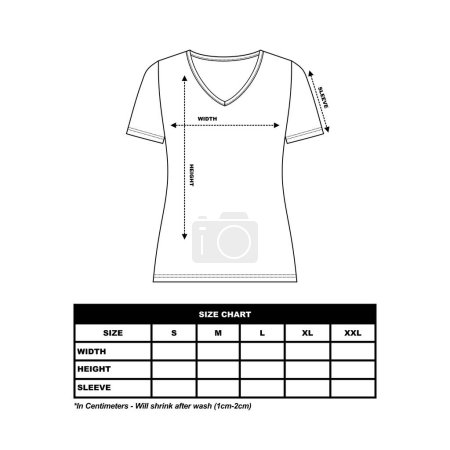 Ilustración de Camiseta de manga corta Tabla de tallas, mujer redonda, cuadrada y cuello en V. dibujo técnico de la moda dibujo plano vector ilustración - Imagen libre de derechos