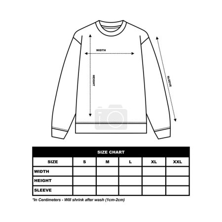 Illustration for Sweatshirt Size Chart, crew neck, long sleeve size chart, sweater - Royalty Free Image