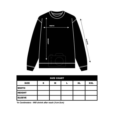 Illustration for Sweatshirt Size Chart, crew neck, long sleeve size chart, sweater - Royalty Free Image