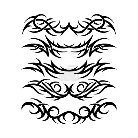 Téléchargez les illustrations : Ensemble de tatouage néo-tribal, kit de formes d'ornement cybernétique gothique vectoriel celtique, signe hawaïen abstrait. Clipart de silhouette néo-tribale - en licence libre de droit