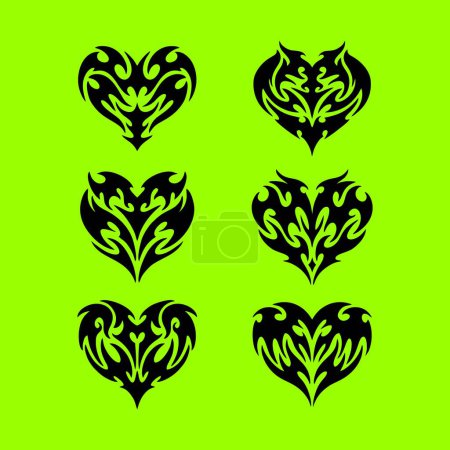 Kit de tatouage de coeur néotribal, kit de forme de flamme de roche gothique vectorielle, concept abstrait de logo d'amour u2k. Sticker rétro Valentine punk collection, décoration gothique web néotribal. Empreintes de tatouage coeur stylisées