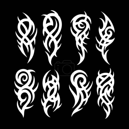 Téléchargez les illustrations : Ensemble de tatouage néo-tribal, kit de formes d'ornement cybernétique gothique vectoriel celtique, signe hawaïen abstrait. Clipart de silhouette néo-tribale - en licence libre de droit