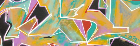 Photo for Colorful background of graffiti painting artwork with bright aerosol strips on metal wall. Old school street art piece made with aerosol spray paint cans. Contemporary youth culture backdrop - Royalty Free Image