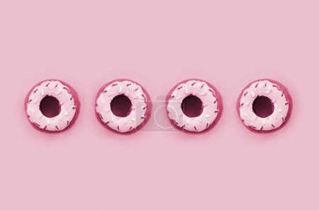 Viele kleine Plastik-Donuts liegen auf einem Hintergrund. Flach lag minimales Muster. Ansicht von oben. Bild getönt in Viva Magenta, Farbe des Jahres 2023